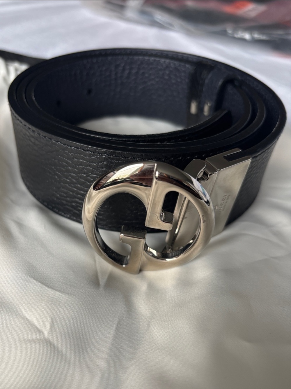 Gucci Black/Blue reversible Leather Belt with Silver Interlocking GG Buckle